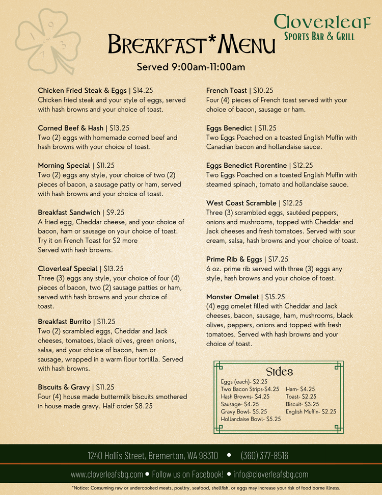 Breakfast Menu — Cloverleaf Sports Bar & Grill