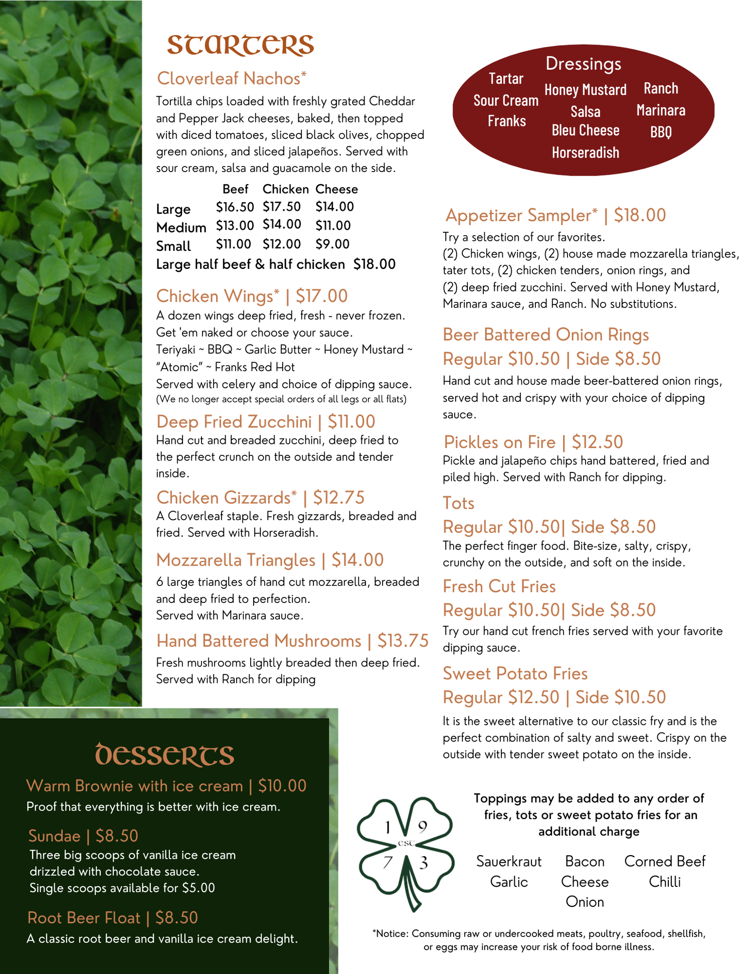 Cloverleaf Sports Bar & Grill Menu — Cloverleaf Sports Bar & Grill