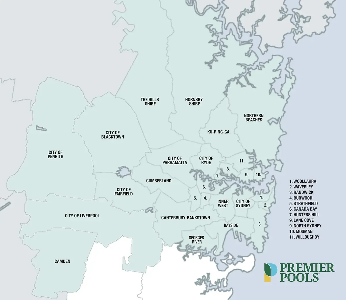 Map of Sydney NSW, showcasing where Premier Pools custom concrete swimming pools builder operates.