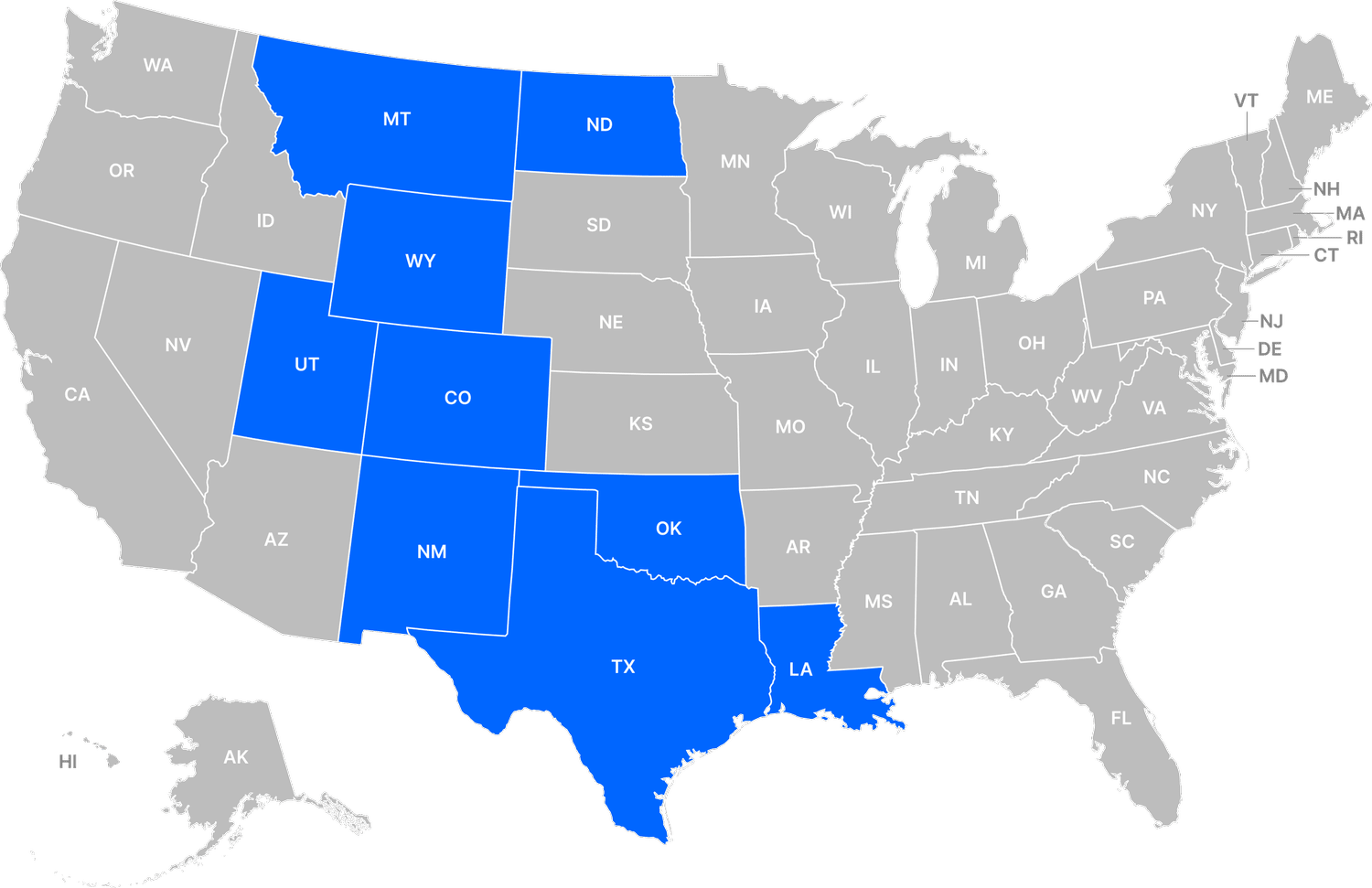 Map of the nine-state service area: Montana, North Dakota, Wyoming, Utah, Colorado, New Mexico, Oklahoma, Texas, and Louisiana