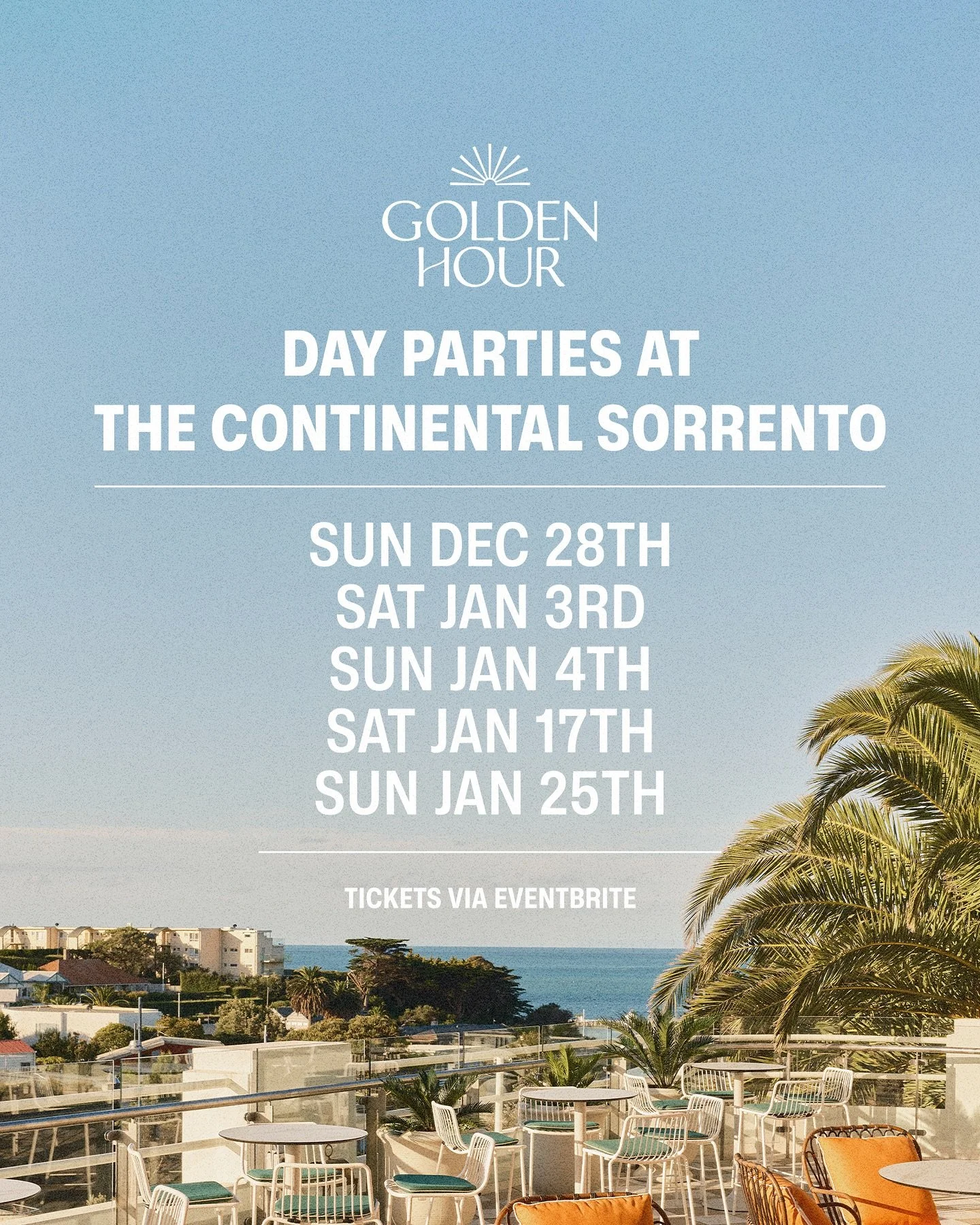 @goldenhourmelb gearing up for a big Summer on @thecontinentalsorrento sunset terrace 🌅

All tickets now live via Eventbrite 🎟️