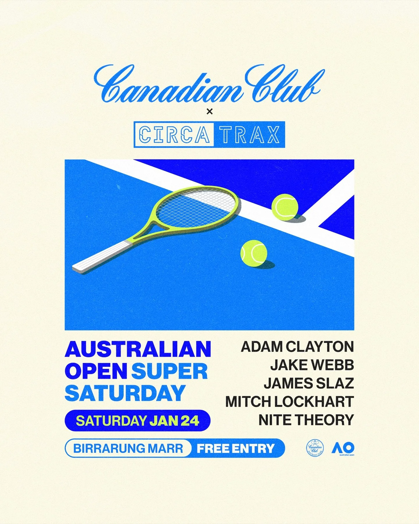 The @australianopen Super Saturday returns &mdash; join us at the @canadianclubaus arena along the picturesque Birrarung Marr 🙌🏼 🎾