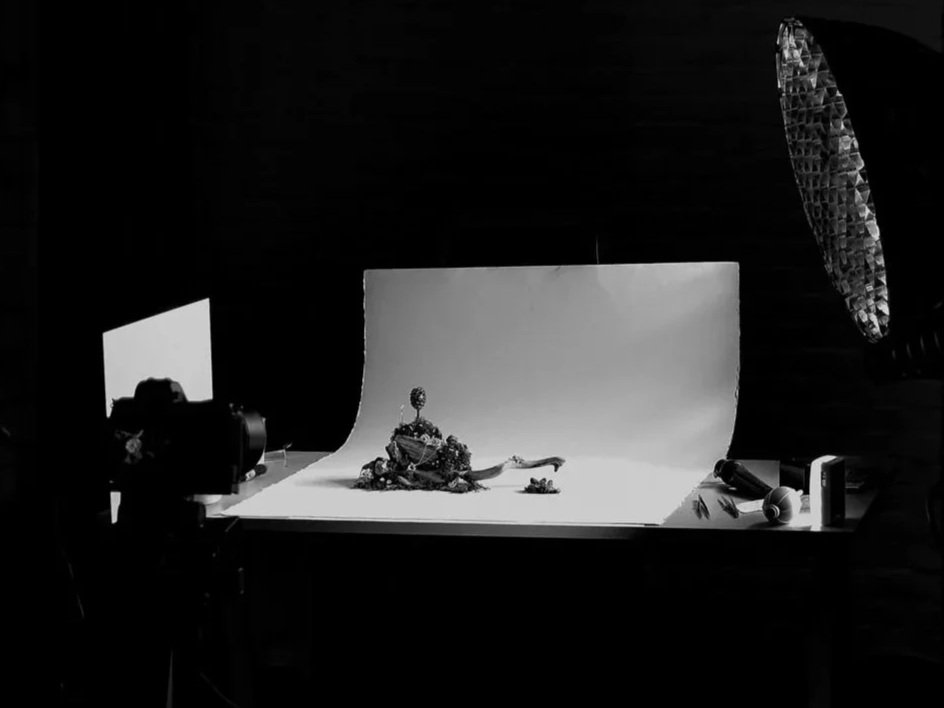 Photography studio with a plain backdrop, camera, and lighting equipment, scene prepared for a photo shoot.
