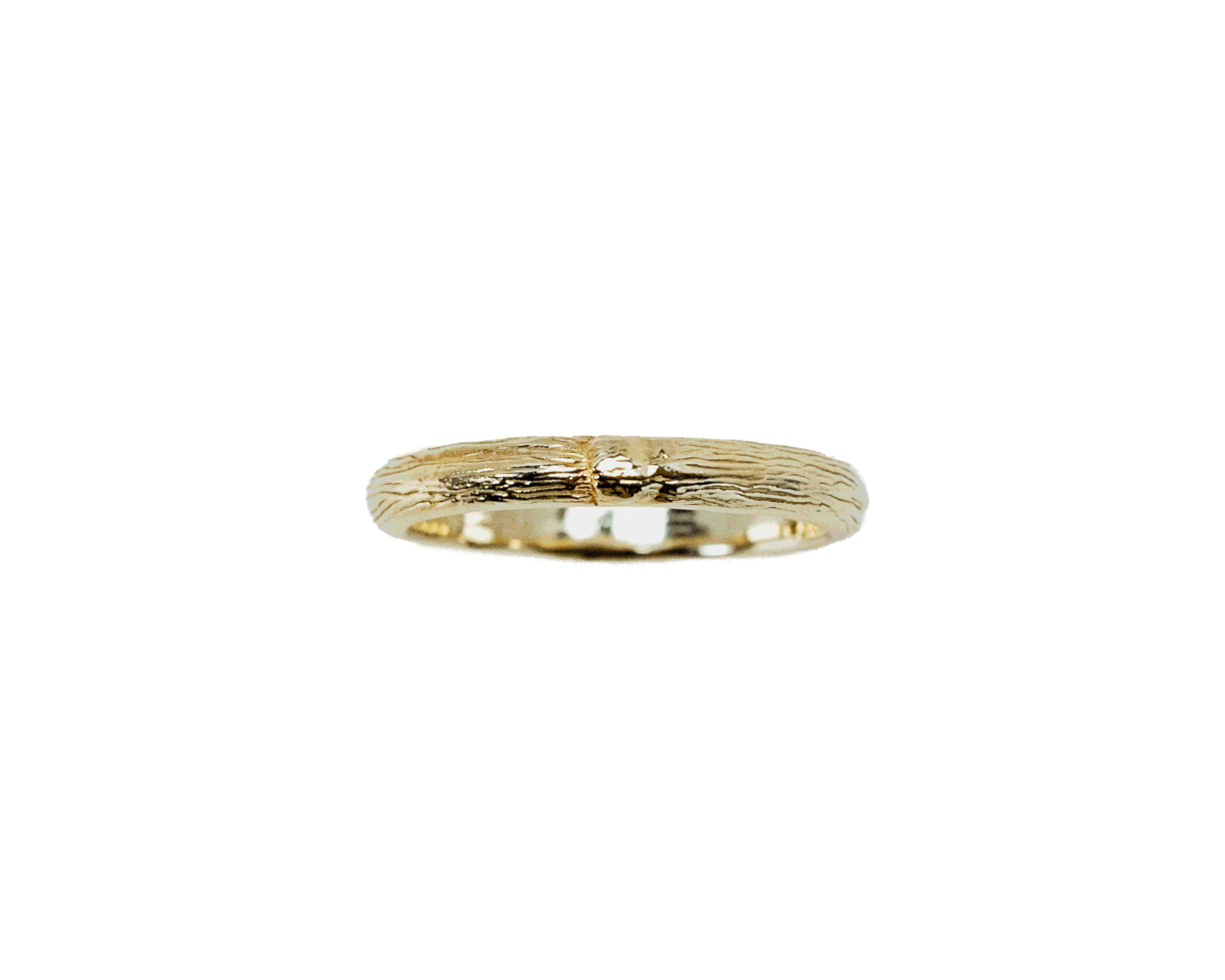 A gold wedding ring with a textured surface, isolated on a black background.