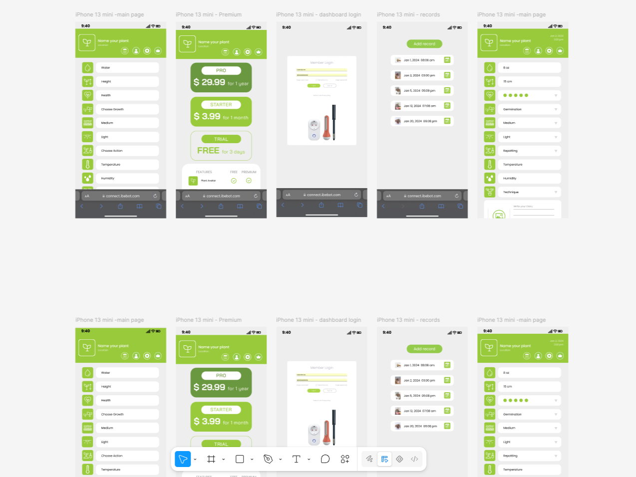 Mobile app UI mockups showing user interface design and workflow diagrams