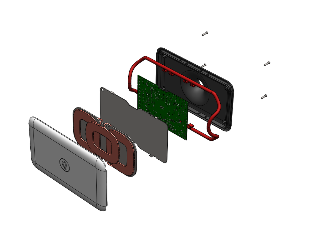 Exploded view of mechanical assembly showing internal components and product layers