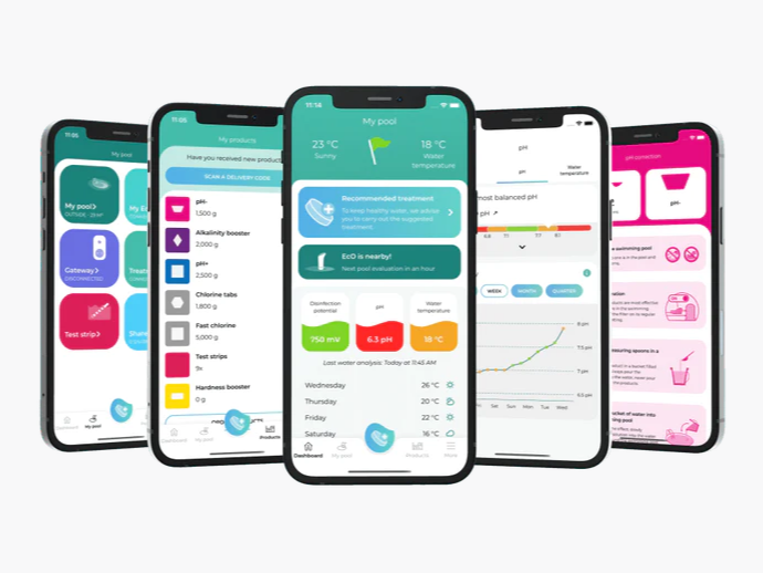 Multiple smartphone screens displaying colorful mobile app user interfaces