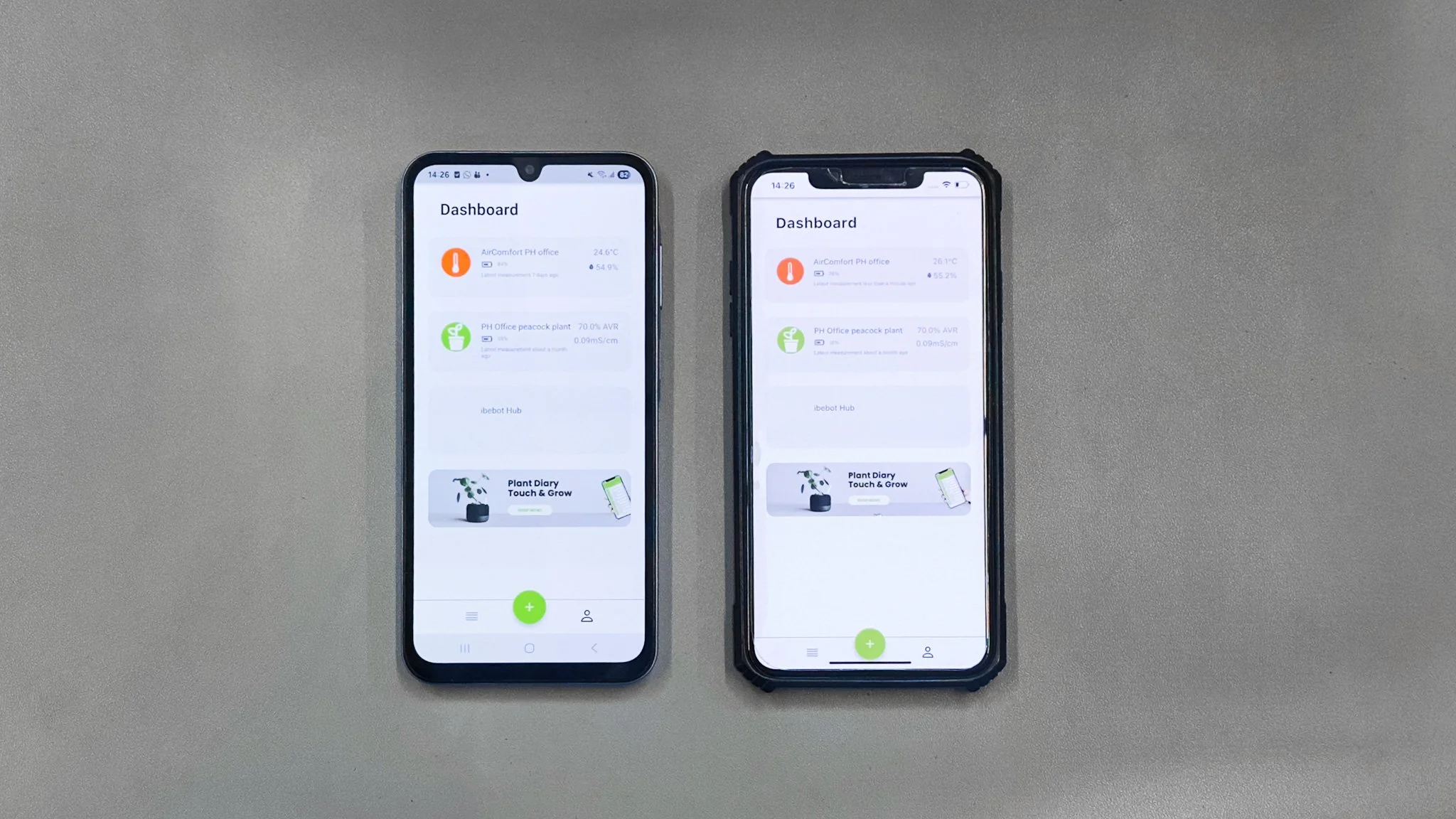 Mobile application dashboard running on iOS and Android smartphones.