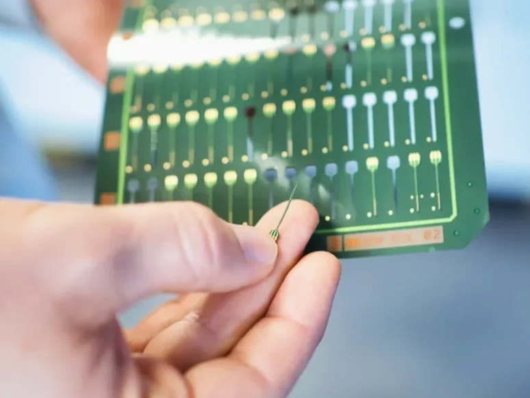 Engineer inspecting finished PCB circuit board for quality control