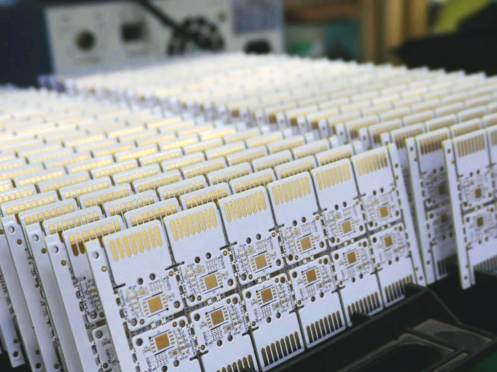 Array of printed circuit boards ready for electronic component assembly