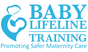 Logo for Baby Lifeline Training with a stylized baby in an outline and blue text promoting safer maternity care.
