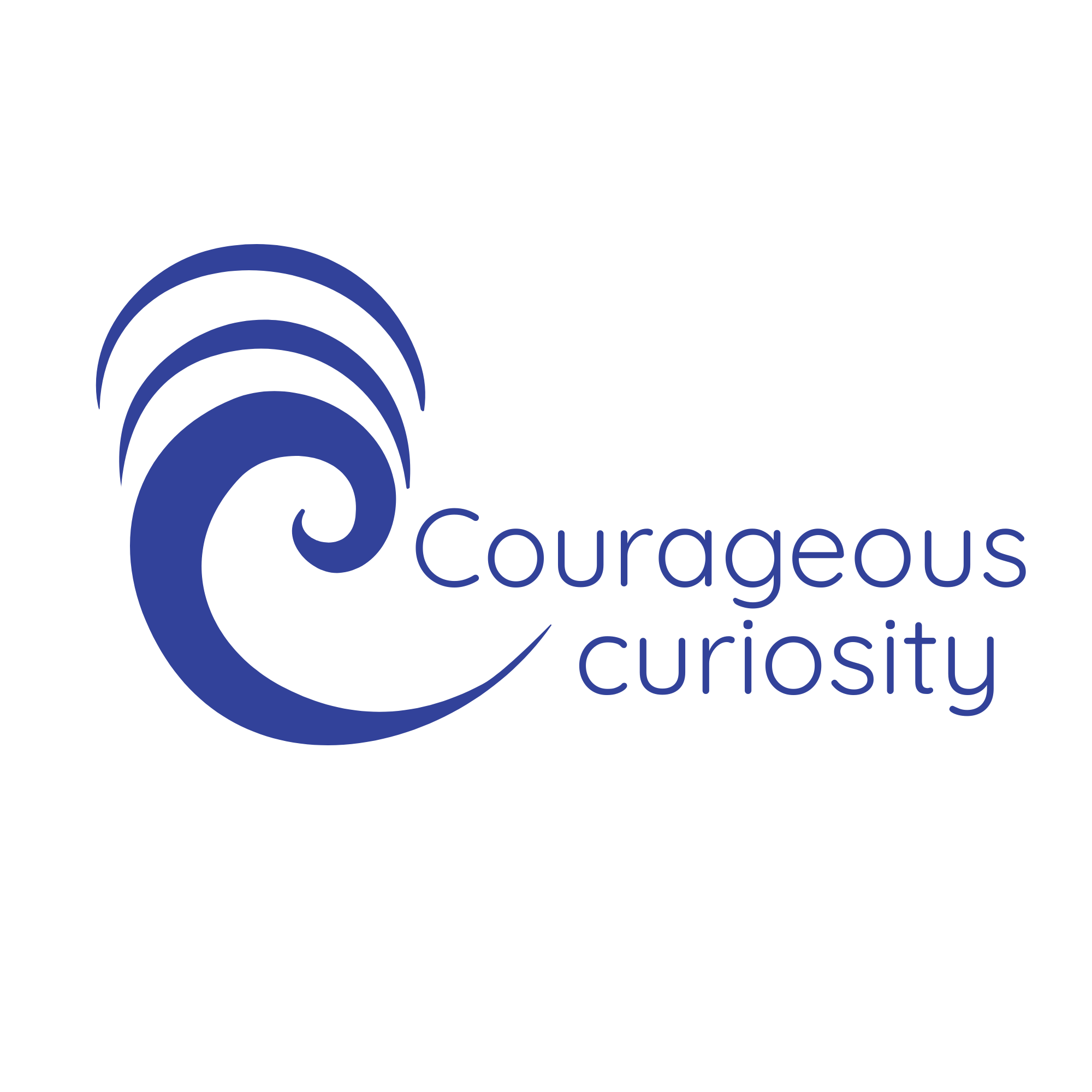 Logo for Courageous Curiosity featuring a blue spiral with three curved lines and the company name in blue text.