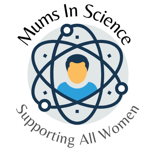 Logo with a female figure inside an atom symbol, surrounded by the text 'Mums In Science Supporting All Women'.