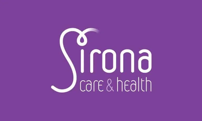 Logo for Sirona Care & Health with a purple background and a stylized letter 'S' resembling a stethoscope.