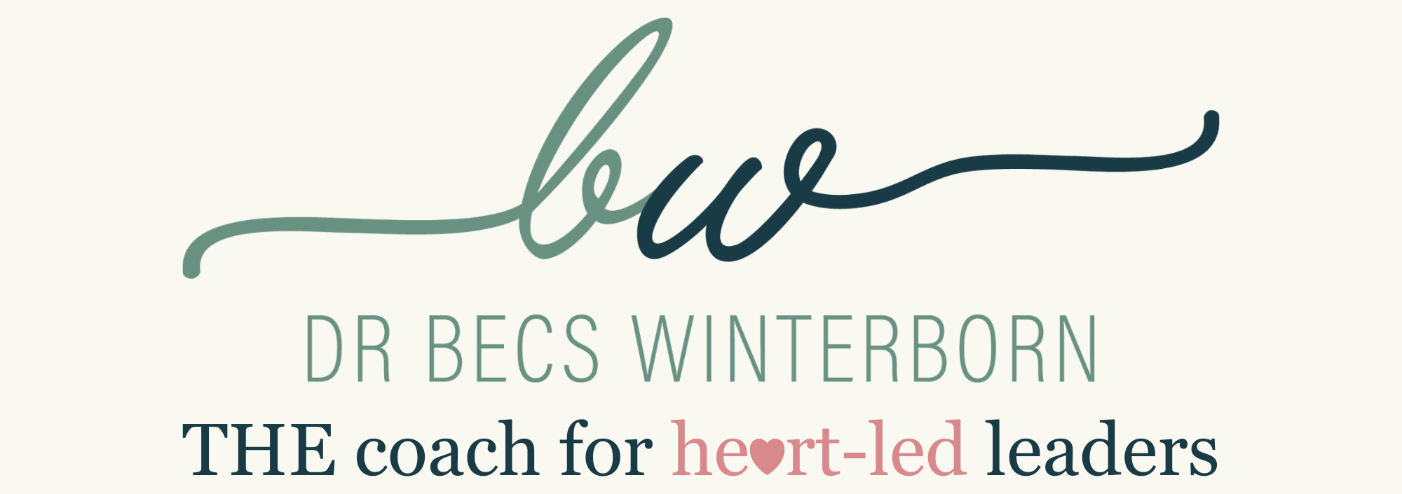 Logo with the initials 'bw' in cursive, 'DR BECS WINTERBORN' in uppercase letters, and 'THE coach for heart-led leaders' with 'heart-led' in pink, all on a light background.