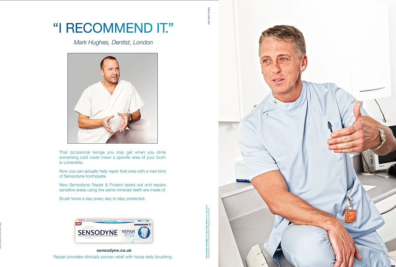 Advertisement for Sensodyne toothpaste featuring a dentist endorsement and product image.