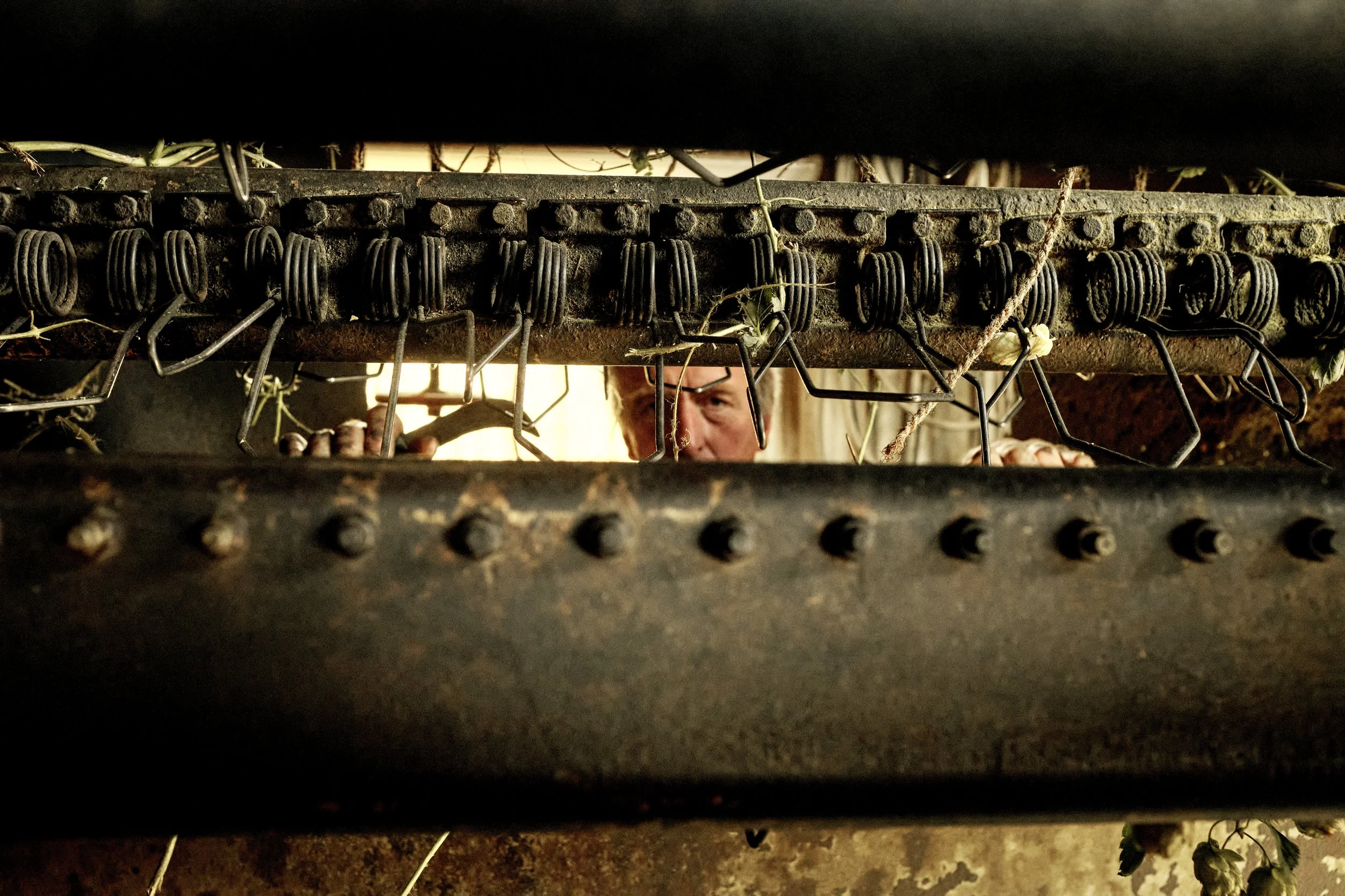 A person peeking through old industrial machinery with rusty metal springs and bolts, partially obscured by wires and foliage.