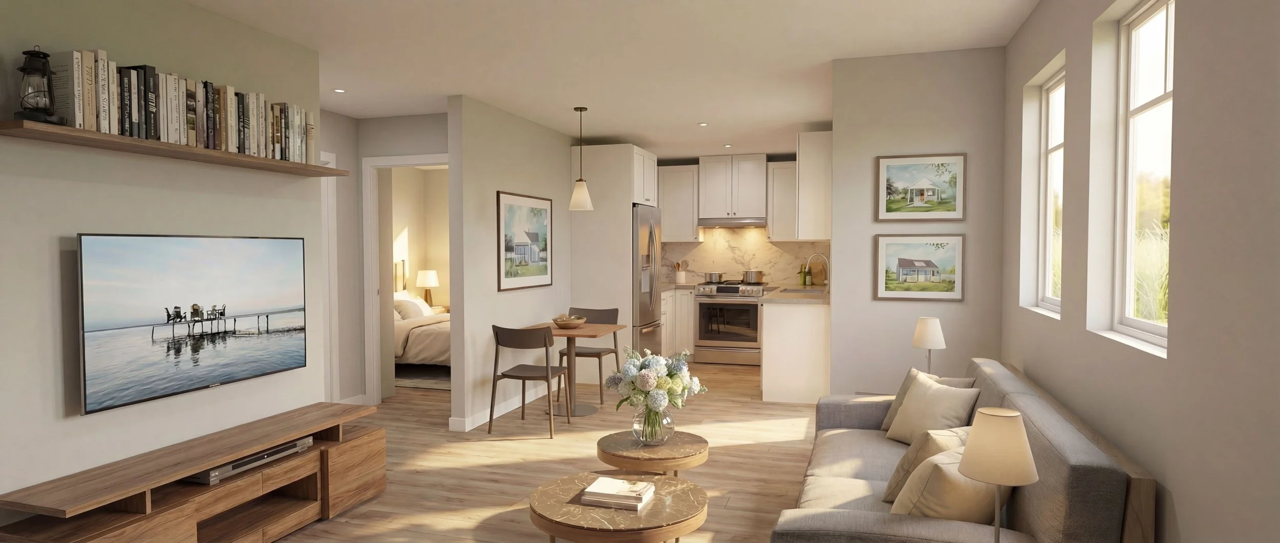 1 Bed Unit: Interior view of Living / Dining / Kitchen, doorway through to Bedroom.