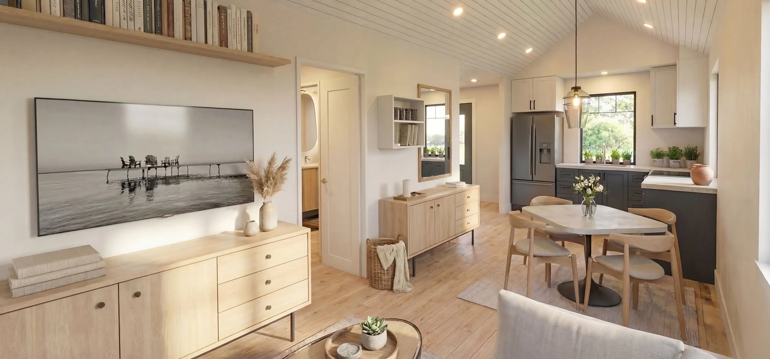 1 Bed Unit: Interior view of Living / Dining / Kitchen of a 1 Bed  Unit, designed to be converted to fully barrier free.  