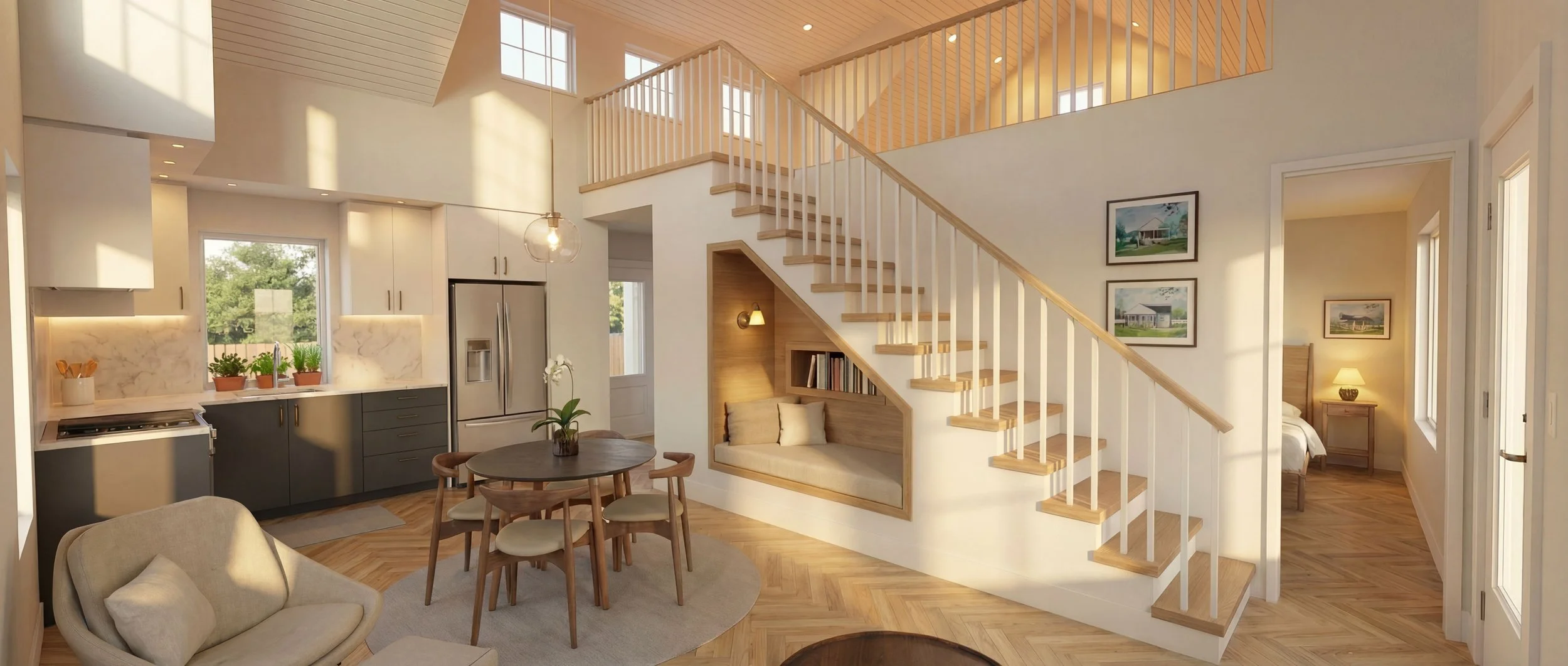 2 Bed Unit with Half Loft and double height space over Living / Dining / Kitchen.
Options include full second floor, full basement.