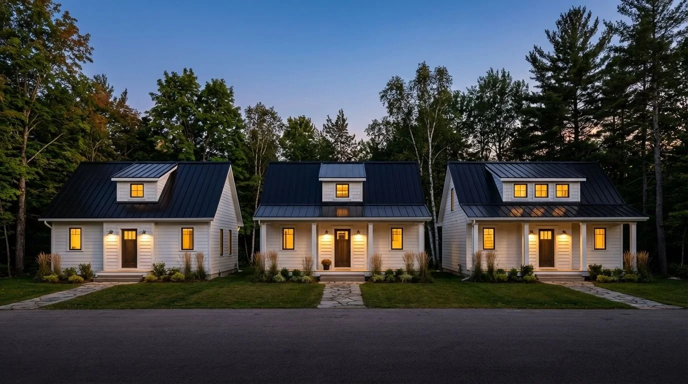 2 Bed Units, 760sf on ground floor with loft ranging in size from 180sf to 350sf. 
Options Include: 2nd floor dormer and loft size, front porch size, window sizes and location, full height basement depending on site conditions.