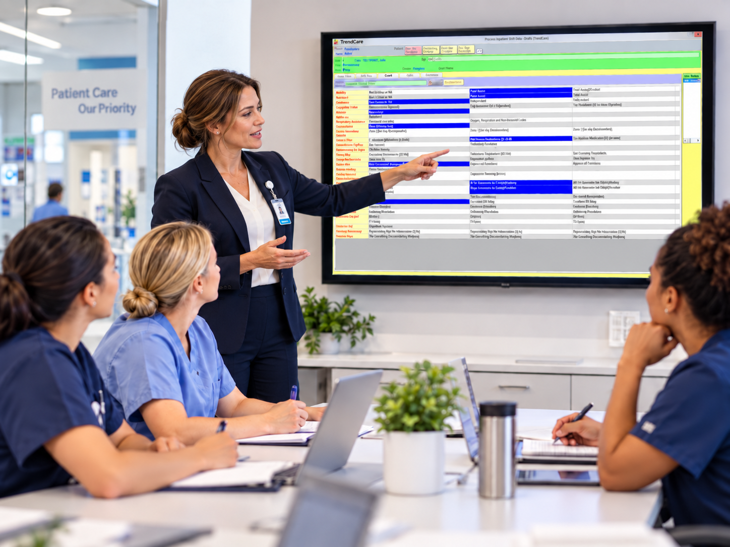 A group of healthcare professionals, likely nurses, attending a presentation in a modern conference room with wooden walls and large windows, and a presenter pointing at a large screen displaying a report.