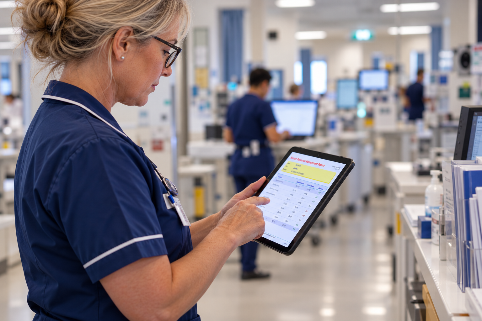 A young male doctor in blue scrubs and a stethoscope reads a medical report on a tablet in a modern office with large windows and city buildings outside.