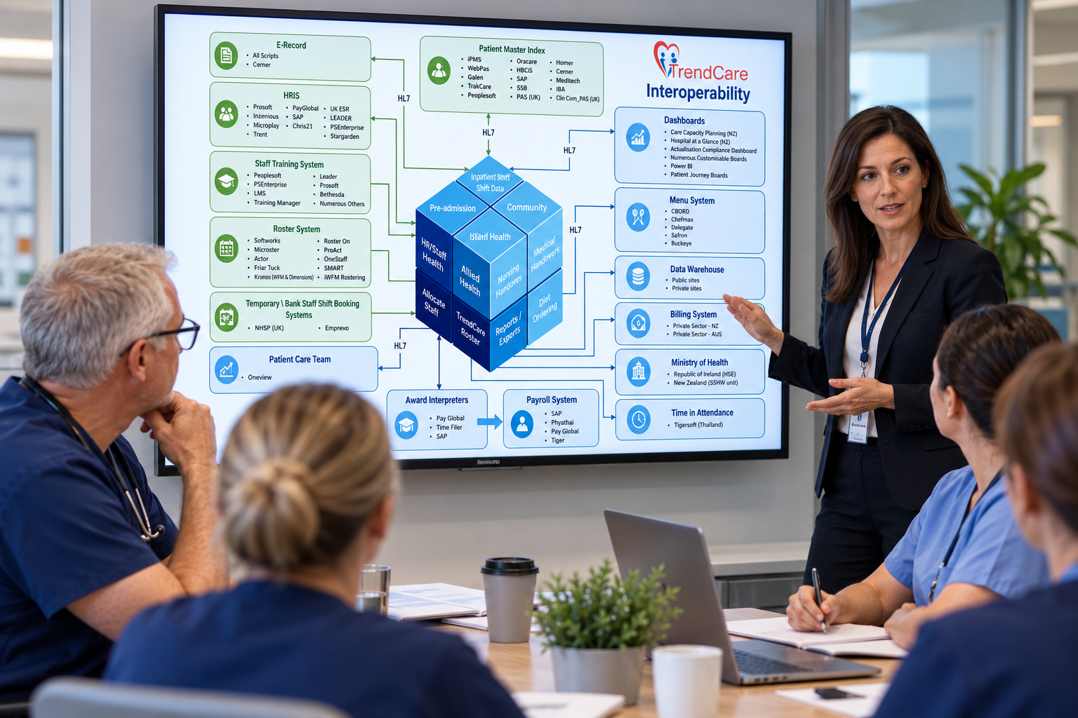 Medical professionals in blue scrubs and white coats sitting around a conference table in a hospital room, watching a presentation about healthcare trends on a large screen with medical icons and a heart at the center.