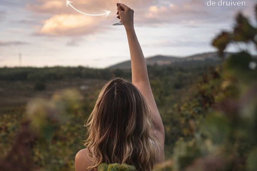 Vrouw met wijnglas in de hand in een wijngaard
