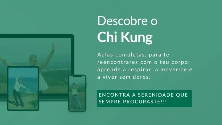 Vanda Cruz a dar aulas de Chi Kung em vídeo, visível em computador, tablet e telemóvel, curso online para respirar melhor, mover o corpo e aliviar dores.