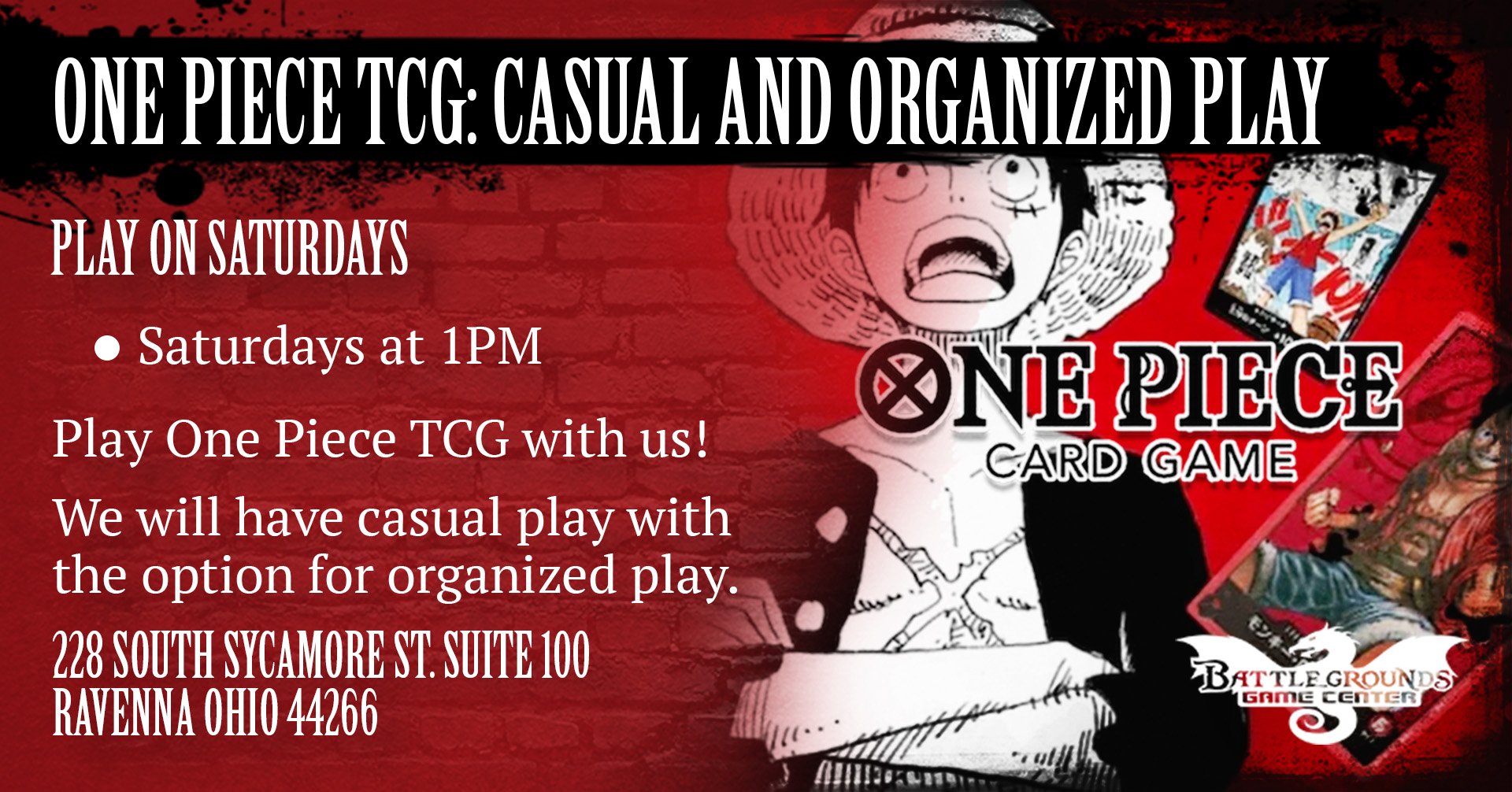 Red poster advertising casual and organized play for One Piece TCG, with illustrations of One Piece characters, including Luffy, and images of the game cards, along with event details like date, time, location, and contact information.
