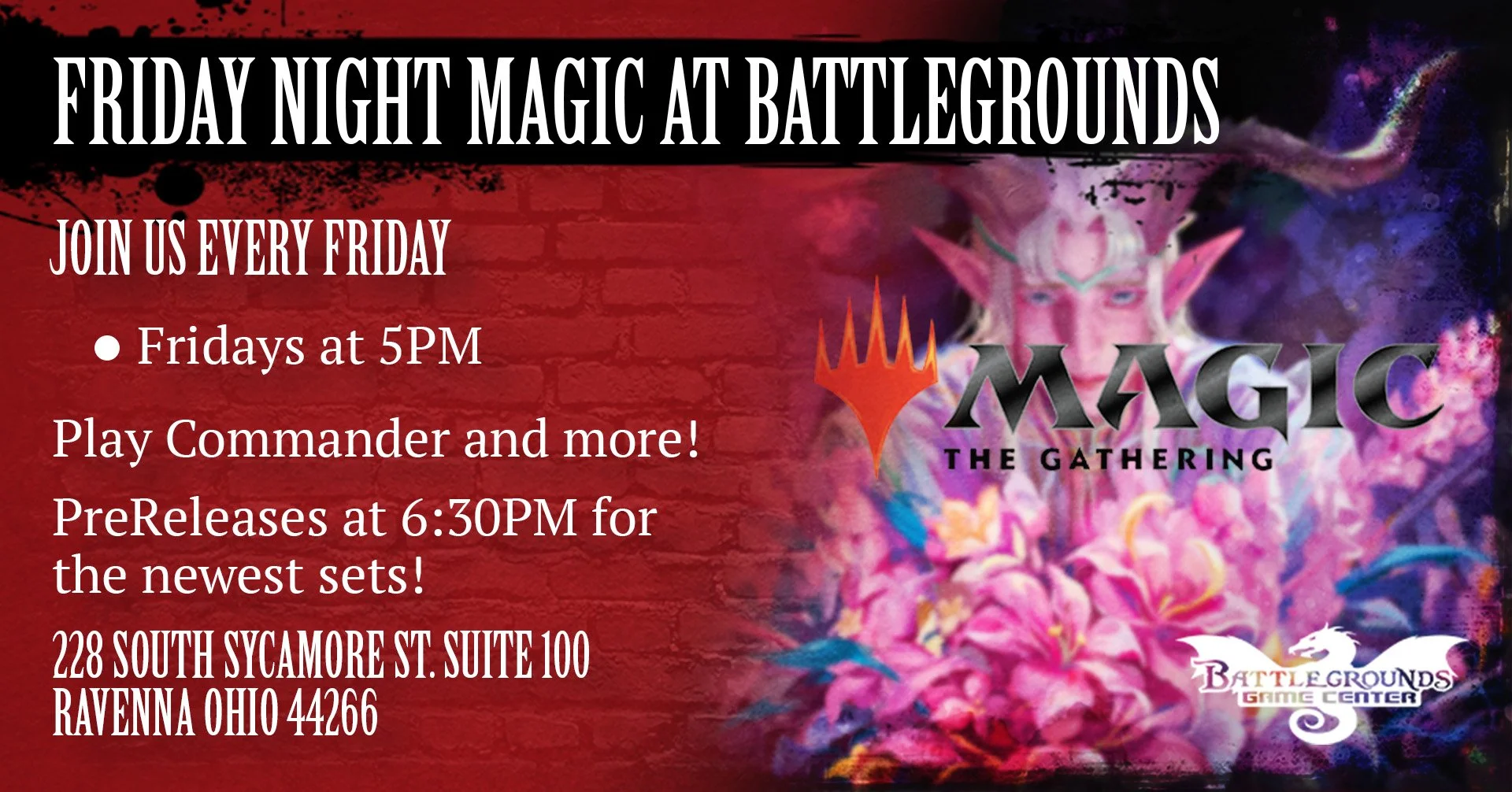Event poster for Friday Night Magic at Battlegrounds Game Center, showing a pink humanoid creature with elf-like features and antlers surrounded by colorful magical effects, with the Magic: The Gathering logo and event details in text.