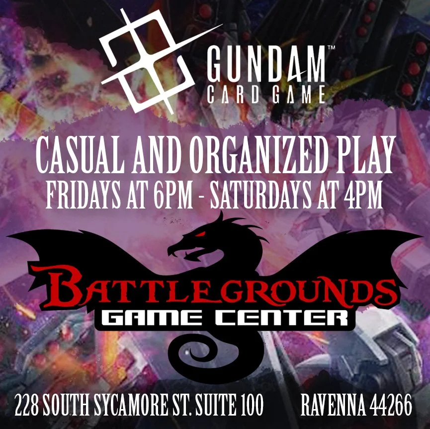 Flyer promoting Gundam card game casual and organized play nights, with details on times, dates, location, and background art of Gundam robots.