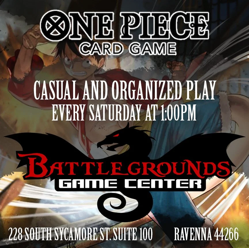 Red poster advertising casual and organized play for One Piece TCG, with illustrations of One Piece characters, including Luffy, and images of the game cards, along with event details like date, time, location, and contact information.