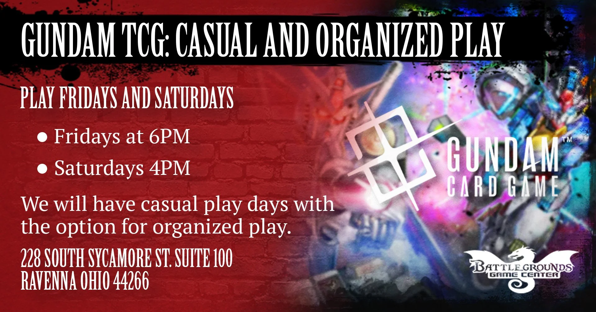 Flyer promoting Gundam card game casual and organized play nights, with details on times, dates, location, and background art of Gundam robots.