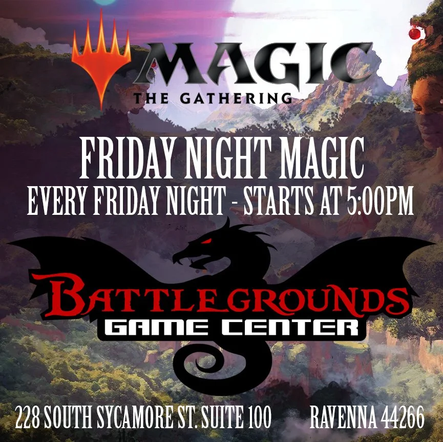 Event poster for Friday Night Magic at Battlegrounds Game Center, showing a pink humanoid creature with elf-like features and antlers surrounded by colorful magical effects, with the Magic: The Gathering logo and event details in text.