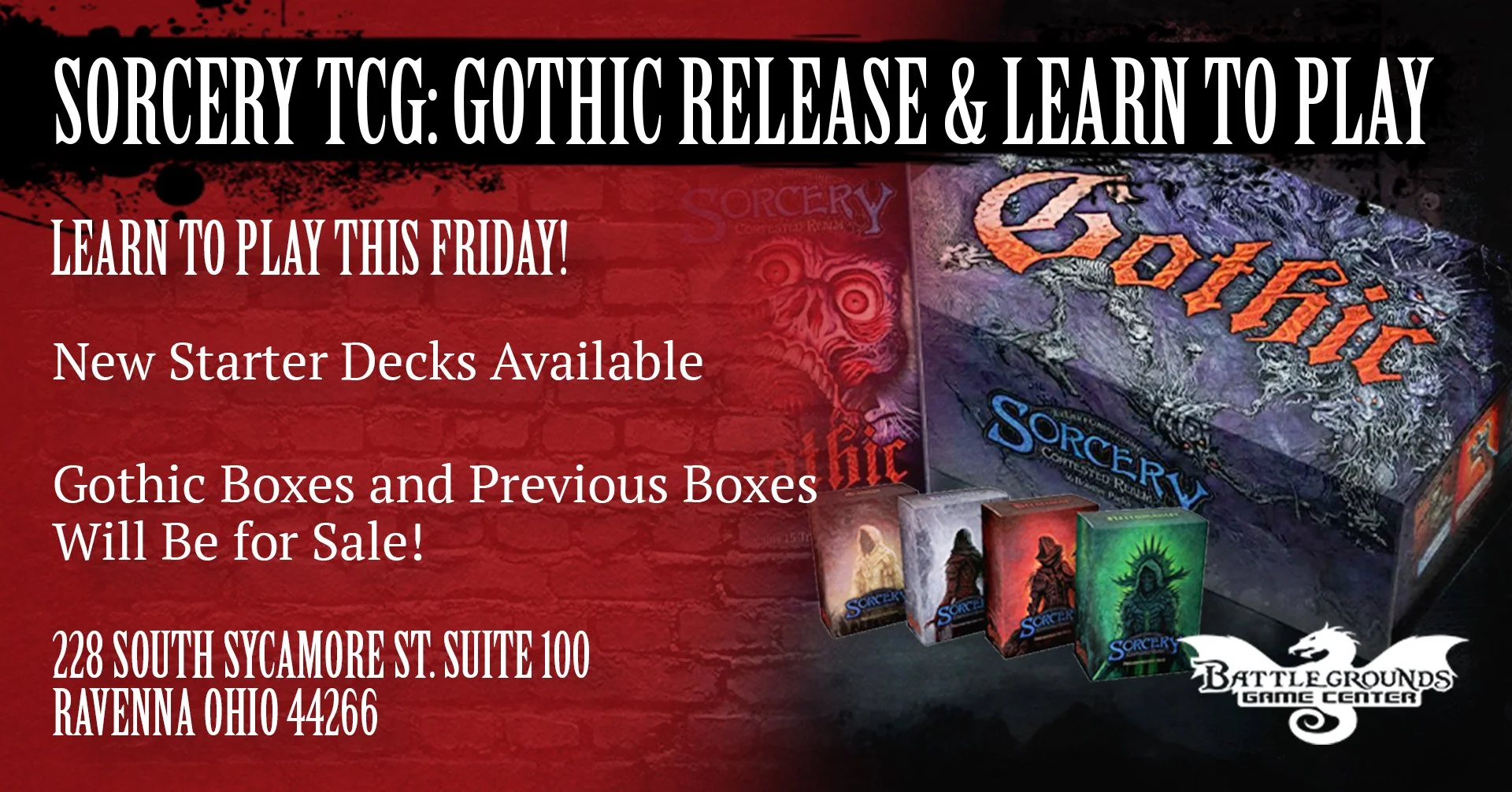 An advertisement for sorcery-themed card game release at Battlegrounds Game Center, featuring images of the game box and starter decks, with location details in Ravenna, Ohio.