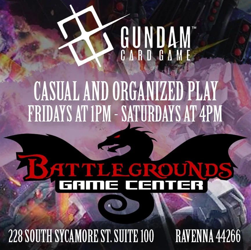 Flyer promoting Gundam card game casual and organized play nights, with details on times, dates, location, and background art of Gundam robots.