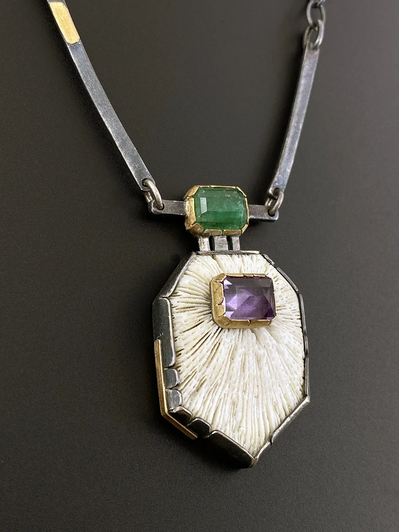 Heptagonal Shaped Vintage Coral Pendant with Emerald and Amethyst on black 2.jpg