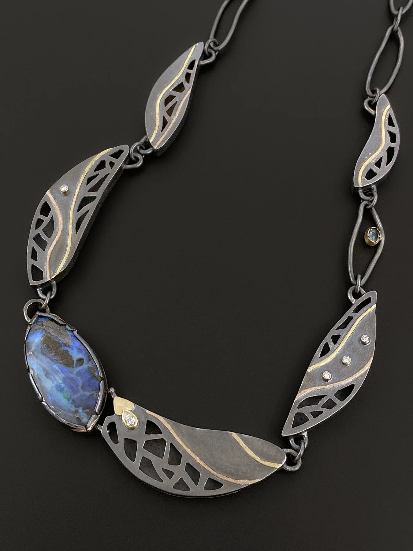 Handcrafted Australian Opal Necklace with Diamond Feather Links