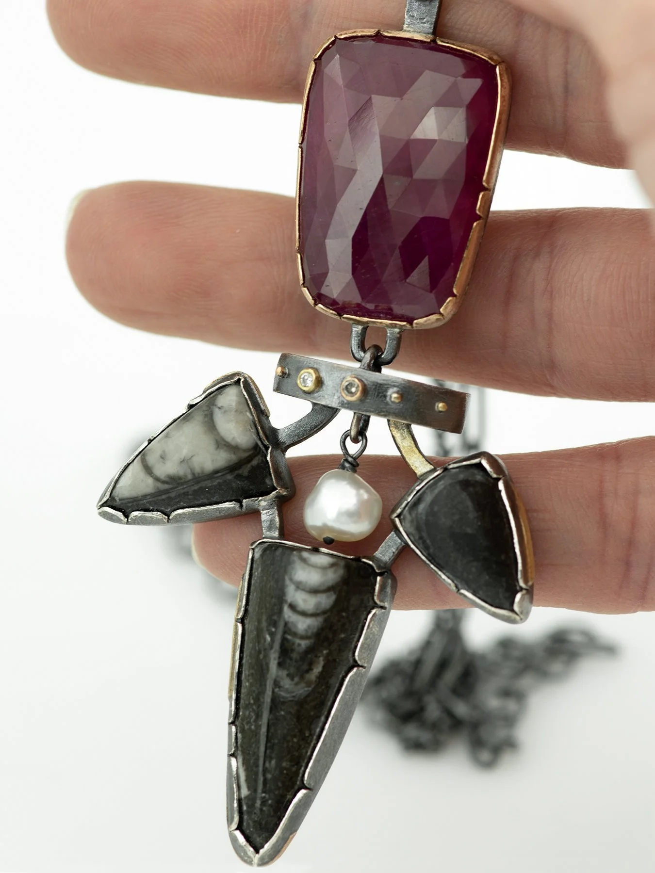 Ruby and Triple Fossil Pearl Diamond Pendant 2.jpg