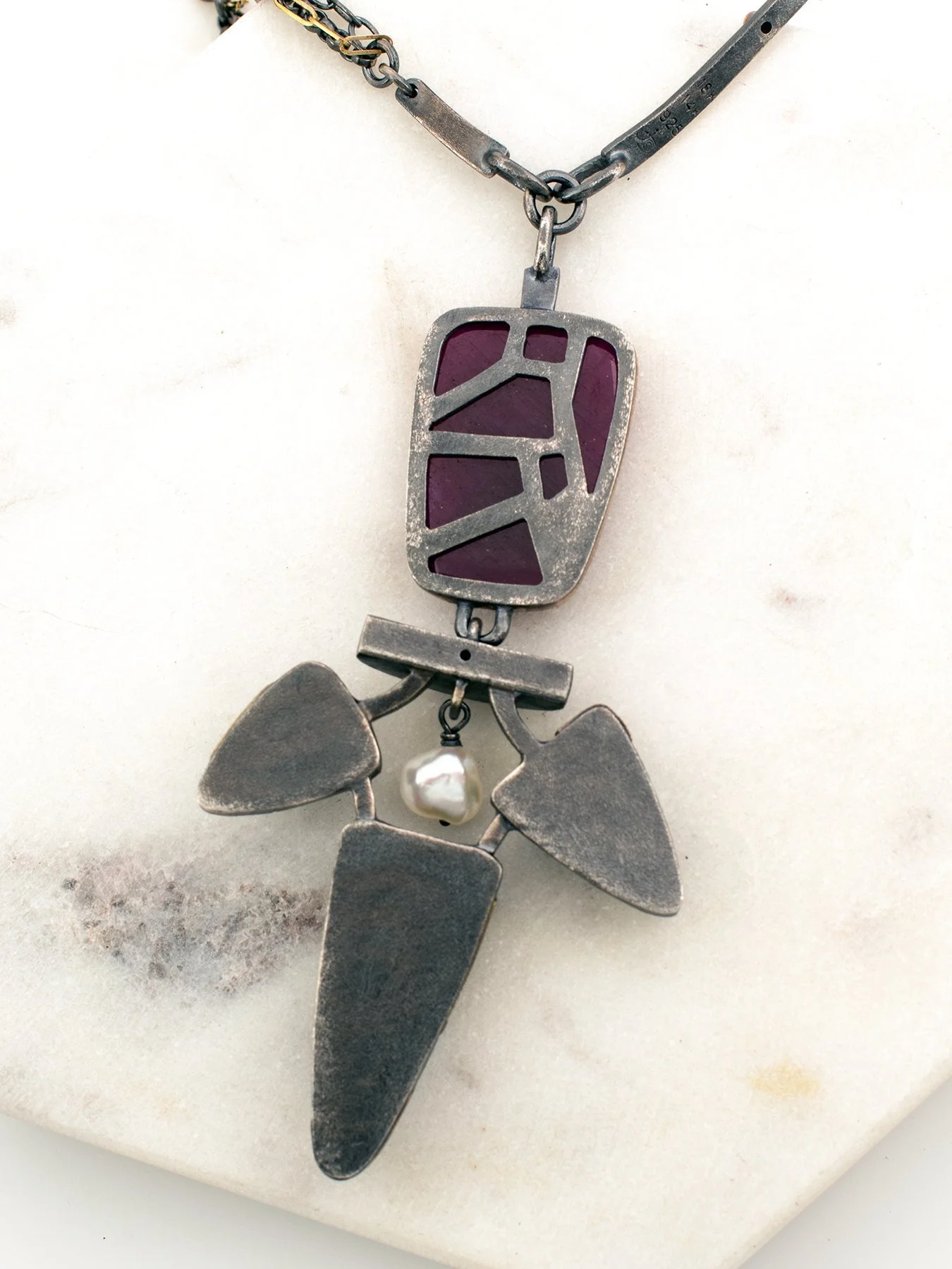 Ruby and Triple Fossil Pearl Diamond Pendant 5.jpg