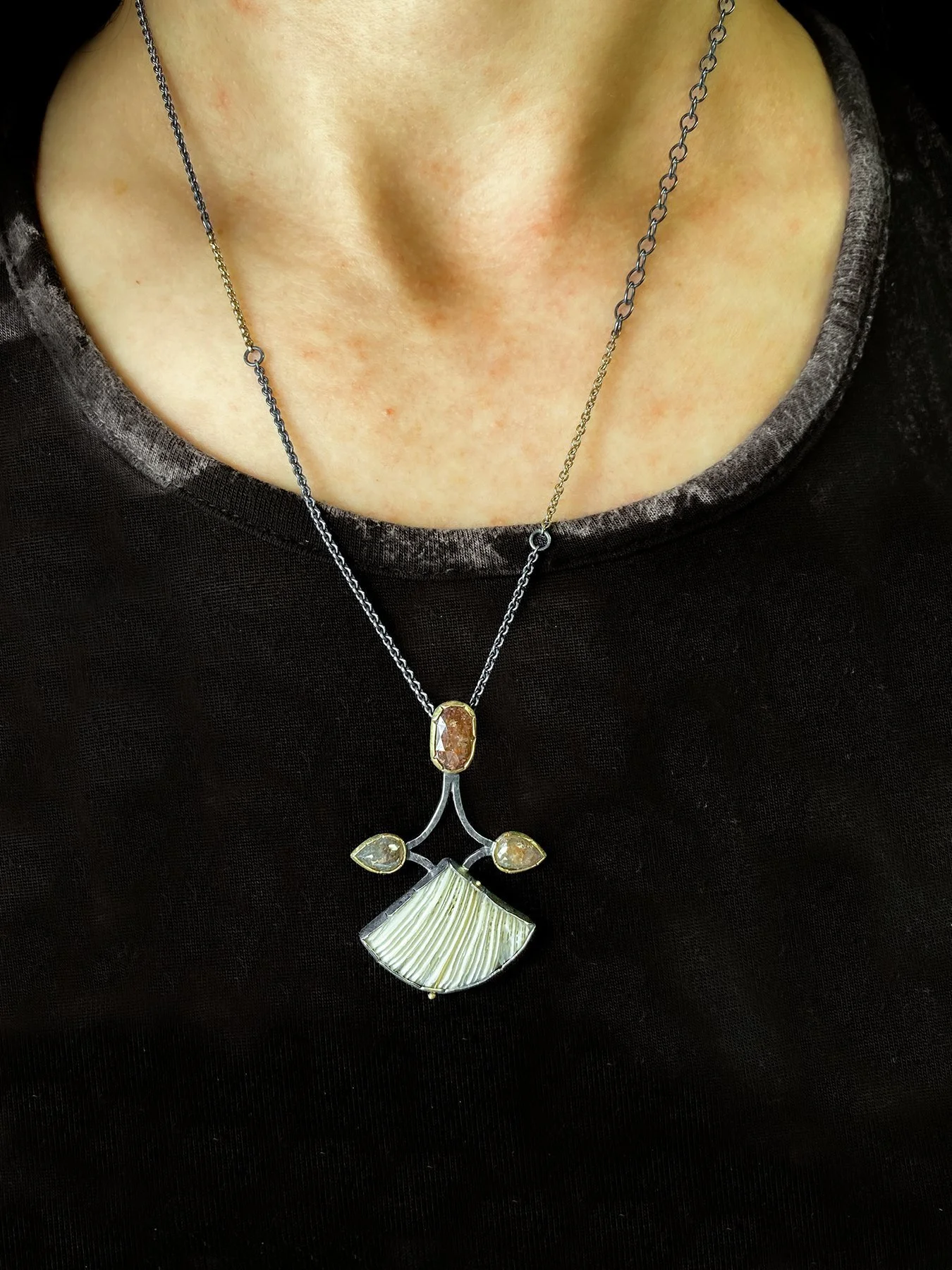 Three Rose Cut Colored Diamonds with Spray Coral and Gold Line Pendant on 1.jpg