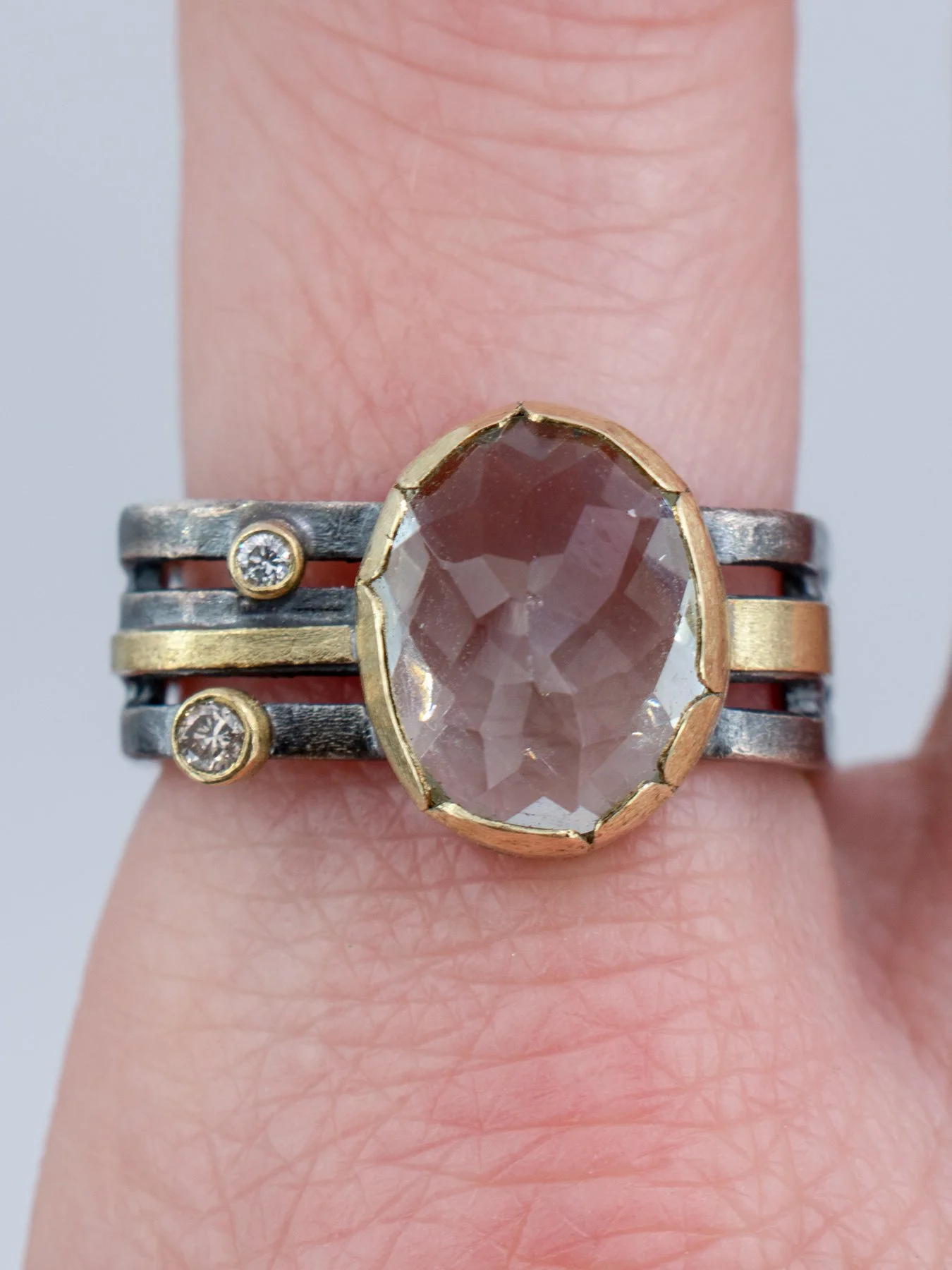 Oval Green Amethyst and 2 Diamonds on a Triple Square Band on 2.jpg