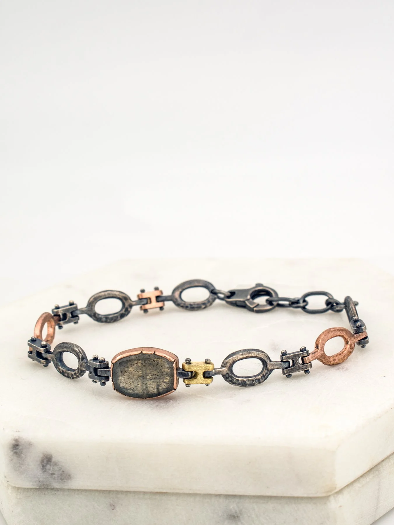 Textured Hinged Bracelet with mixed silver and gold links Labradorite 1.jpg