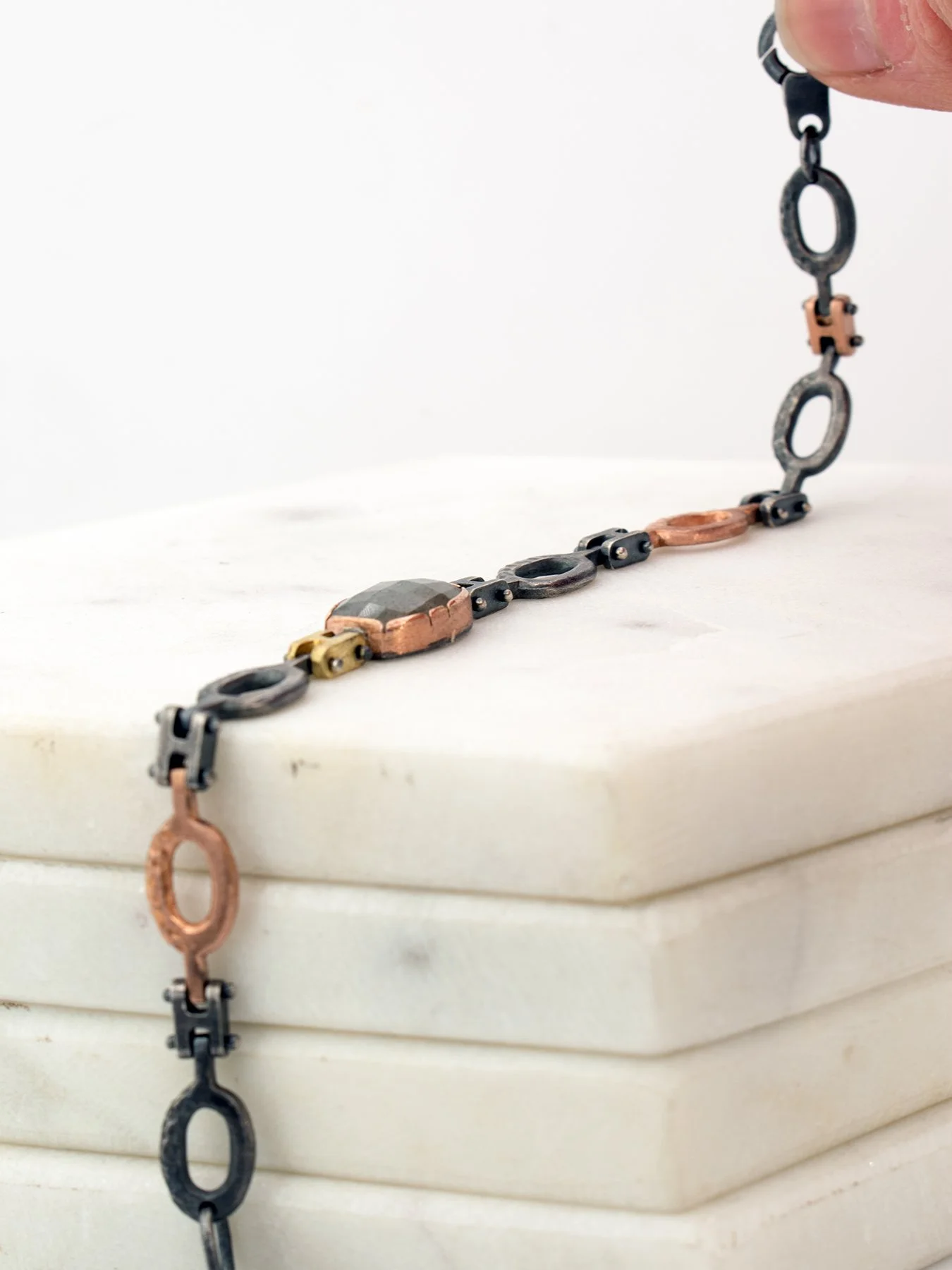Textured Hinged Bracelet with mixed silver and gold links Labradorite 3.jpg