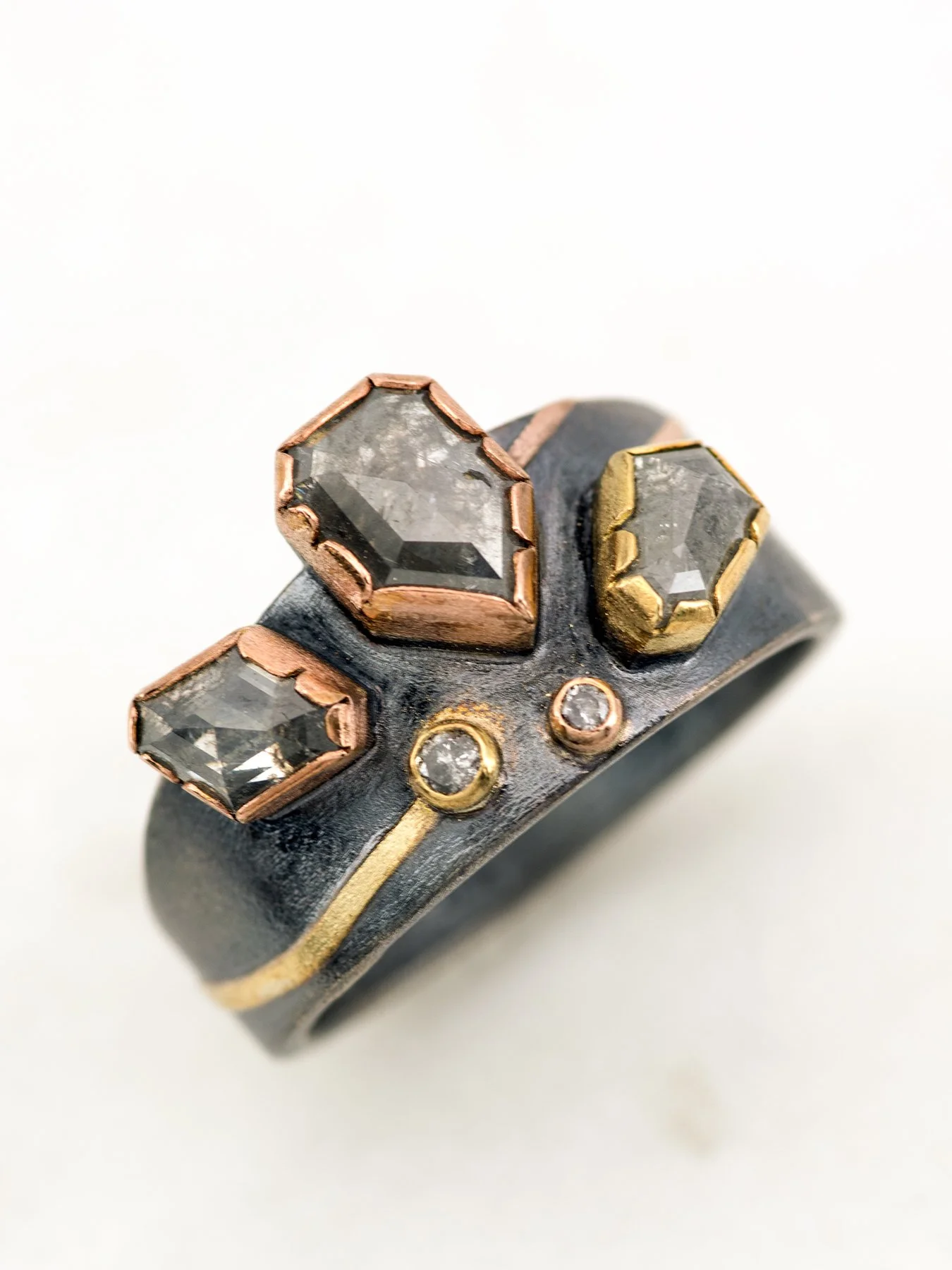 Triple Geometric Rose Cut Diamonds on a Tapered Band 2.jpg