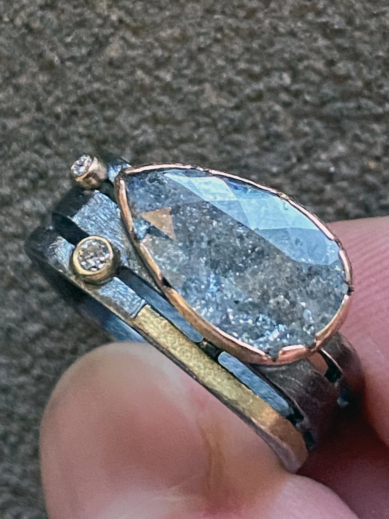 Pear Grey Diamond and 2 round diamonds on a Triple Band Square Ring 3.jpg