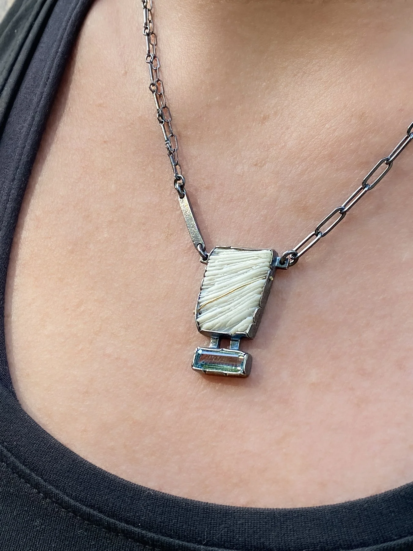 Rectangle Coral and Aqua Pendant with Gold Line on Julie.jpg