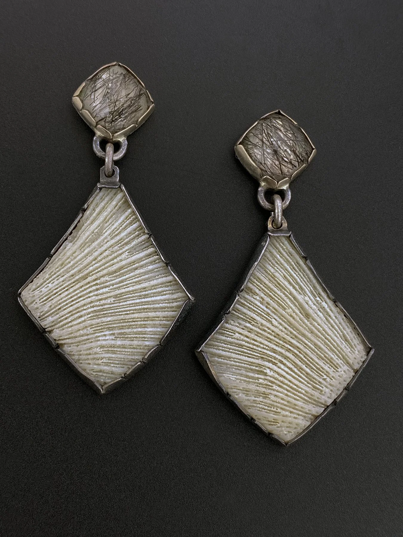 Tourmalinated Quartz Post Earrings with Vintage Coral